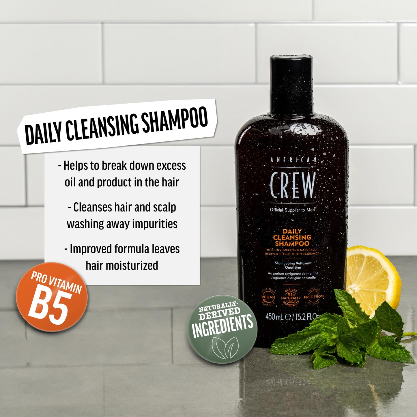 American Crew Shampoo for Men, Daily Cleanser, Naturally Derived, Vegan Formula, Hair Care Gift for Him, Citrus Mint Fragrance, 15.2 fl oz
