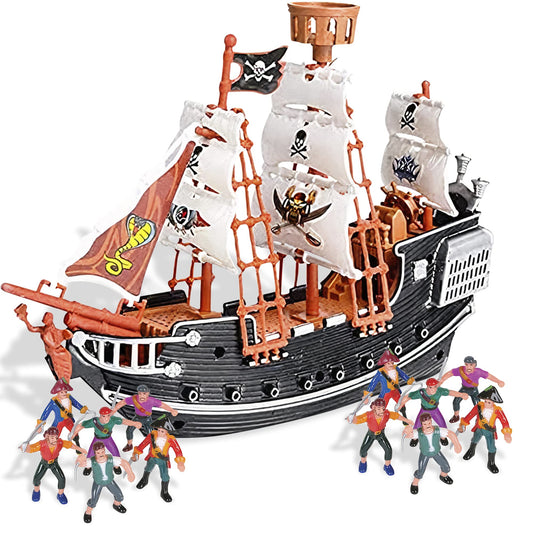HOWBOUTDIS Pirate Playset - 10 inch Pirate Ship with 2" Pirate Figurines - Hours of Imaginative Play- Makes a Great Gift or a Fun Prize - Ages 3yrs+