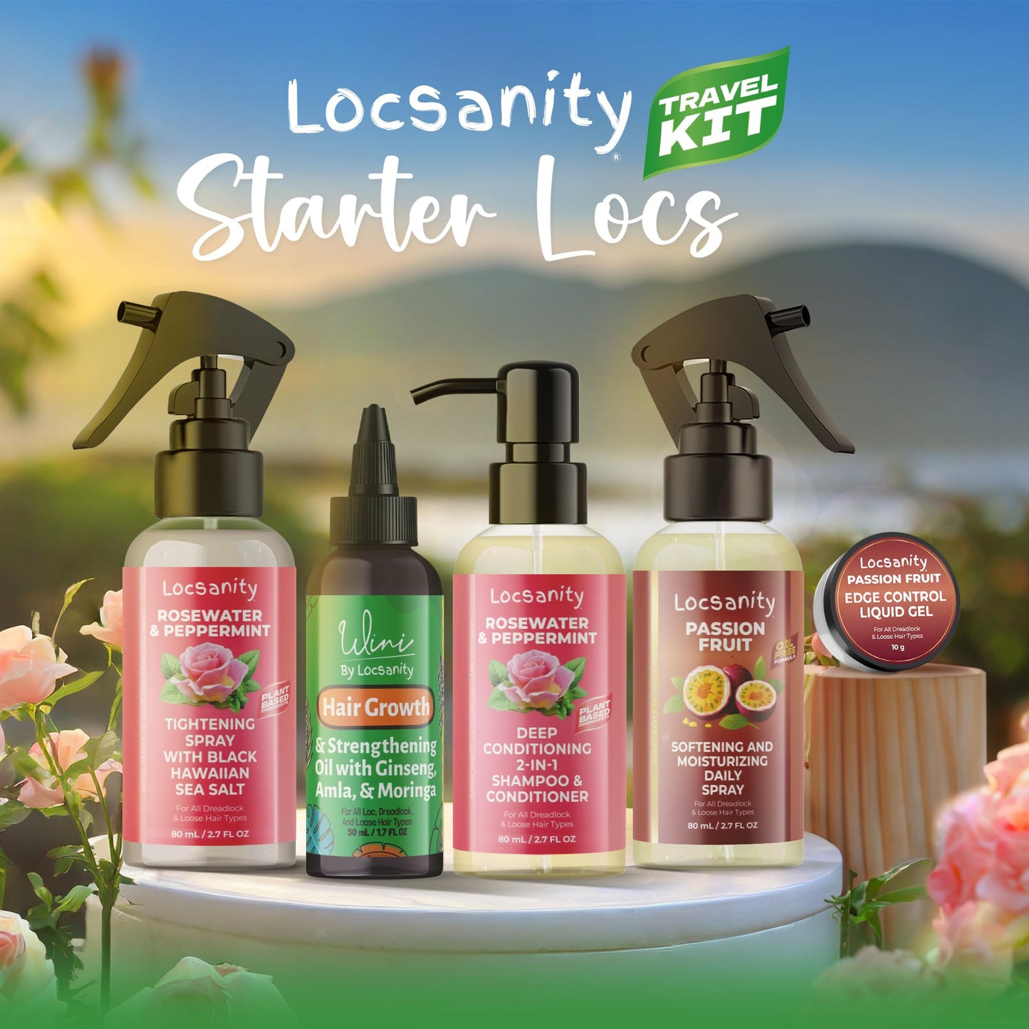 Locsanity Organic Baby Locs Travel Kit - Moisturizing 2-in-1 Shampoo & Conditioner, Passion Fruit Spray, Hair Oil, Rosewater Peppermint Tightening