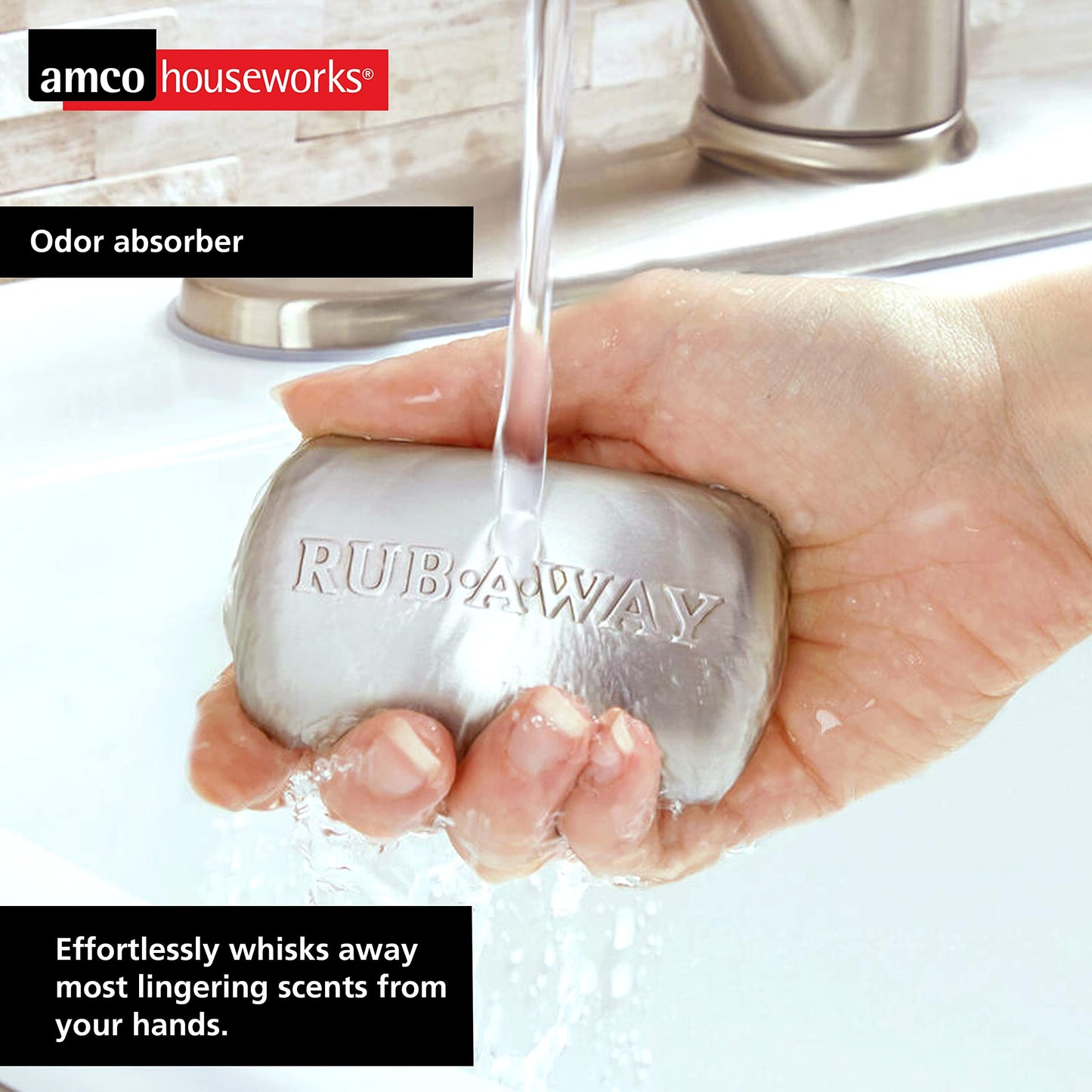Amco Rub Away Bar, Stainless Steel Odor Absorber (3.1" x .7") - Dishwasher Safe Kitchen & Outdoor Essential for Garlic, Onion, Fishing, Hiking Odors