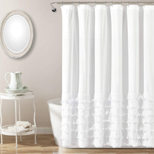 Lush Decor Avery Shower Curtain Ruffled Vintage Chic Farmhouse Style Bathroom, 72” x 72”, White