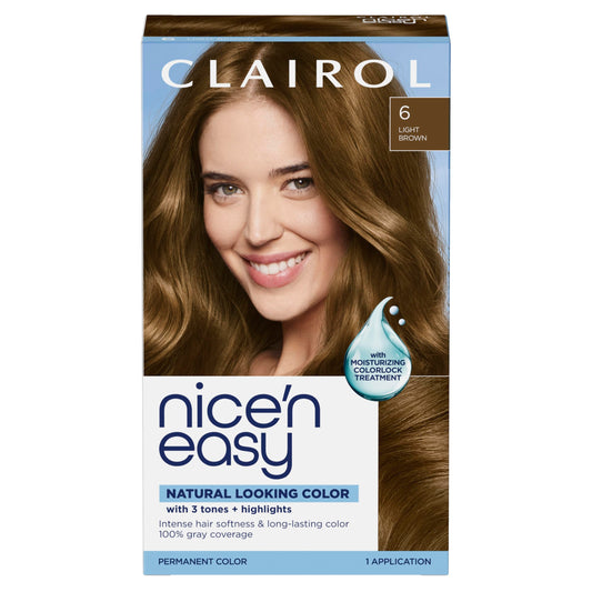 Clairol Nice'n Easy Permanent Hair Dye, 6 Light Brown | 100% Gray Coverage | Long?Lasting, Natural?Looking Color & Shine | Pack of 1