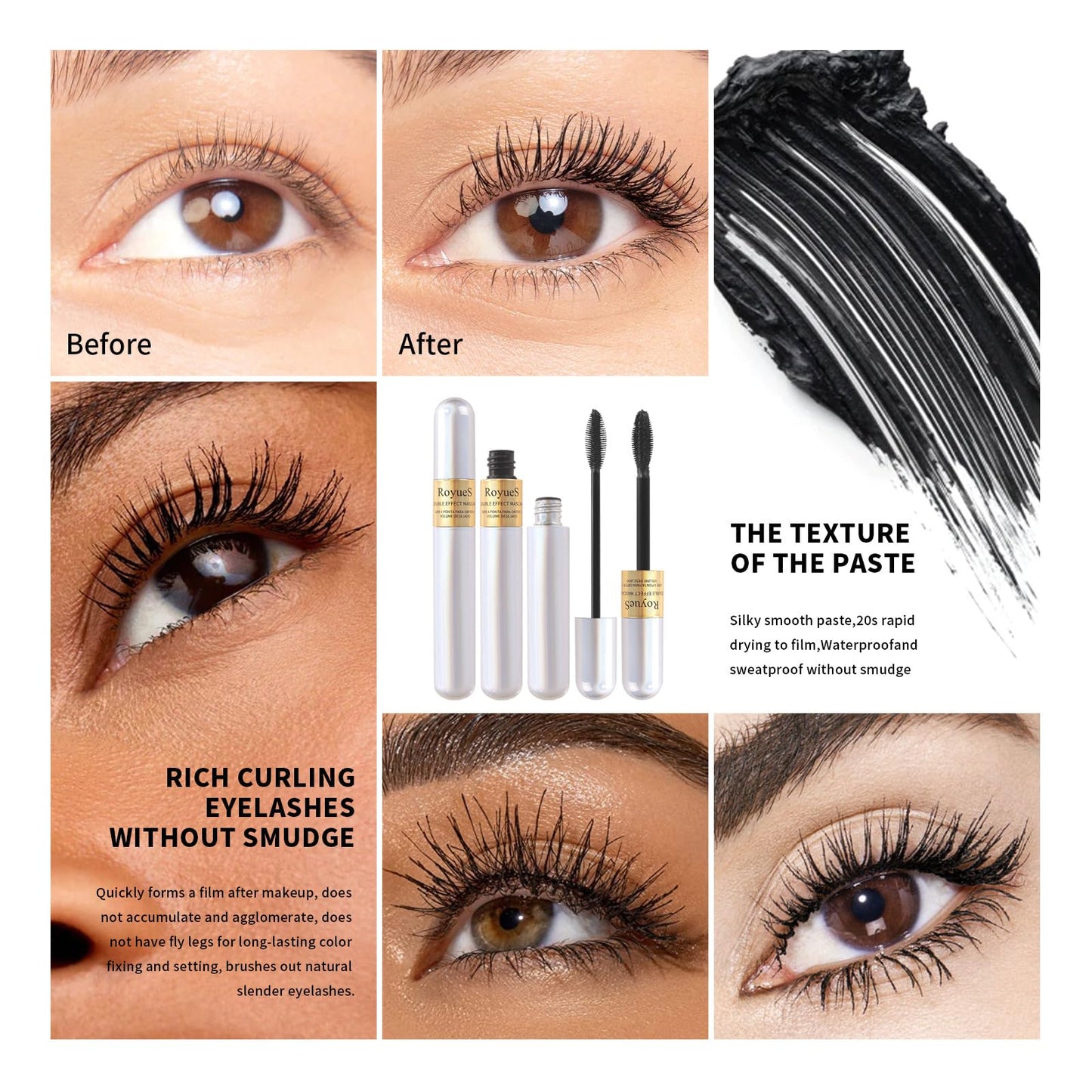 AKARY Mascara Waterproof & Smudge-Proof - 2-1 Long-Lasting Mascara Black Volumizing and Lengthening for Eye Makeup, Liquid Lash Extensions Mascara