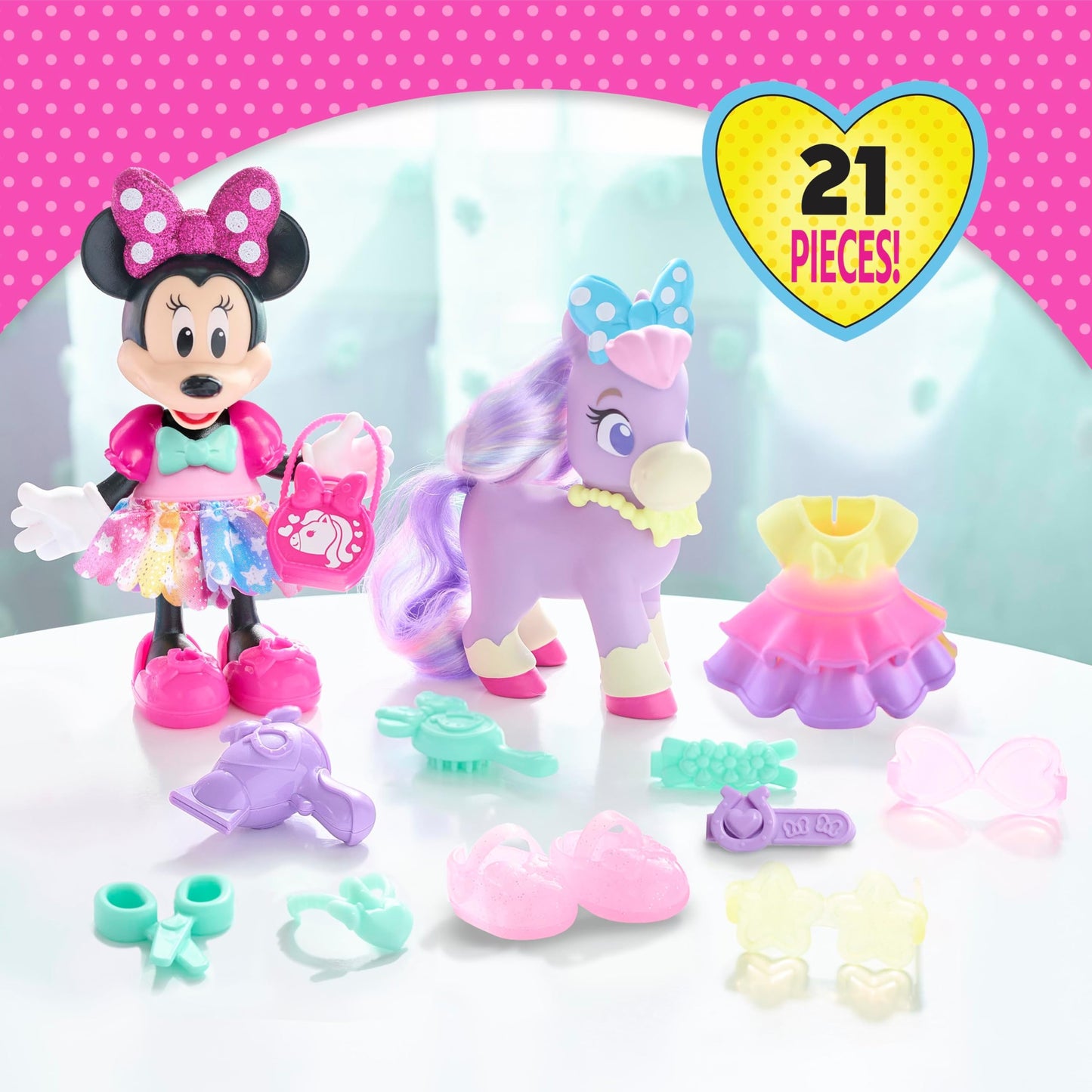 Disney Junior Minnie Mouse Groom & Glam Pony Set, Poseable 21-piece Doll and Accessories Set, Kids Toys for Ages 3 Up by Just Play