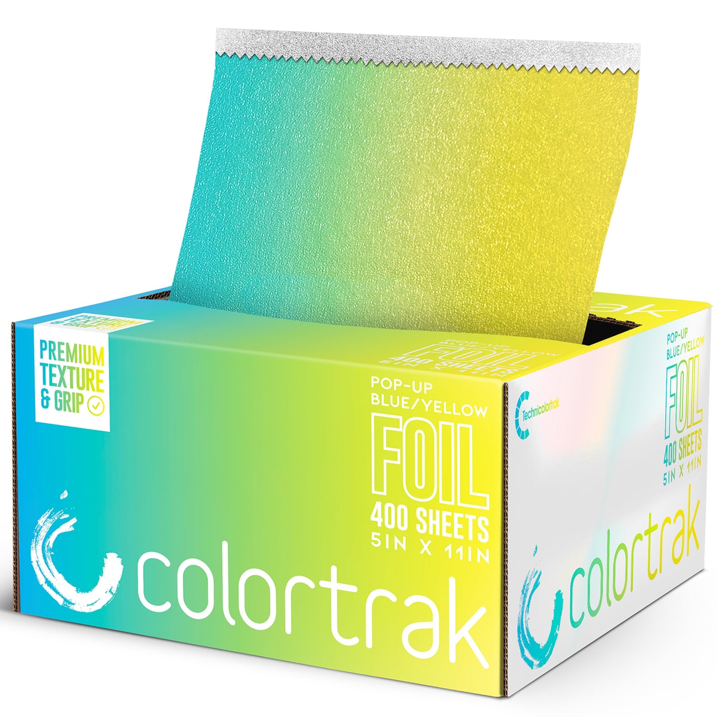 Colortrak Blue/Yellow Gradient Pop-up Foil w/Dispenser (400 Count), Pre-cut Sheets, Non-Slip Embossed Texture, 5" x 10.75" Sheets for Hair Foil