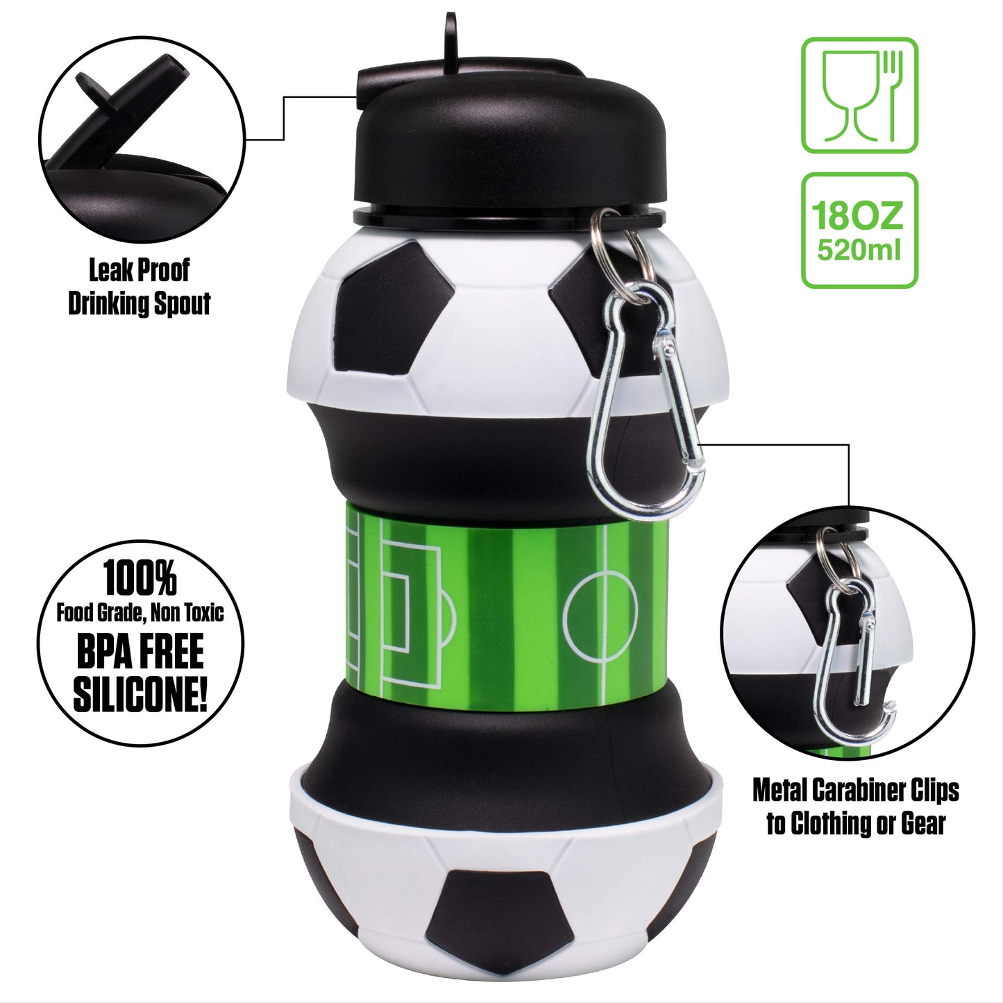 Maccabi Art Clip-On Collapsible BPA-Free Silicone Soccer Ball Water Bottle for Kids, 18 Oz. Size