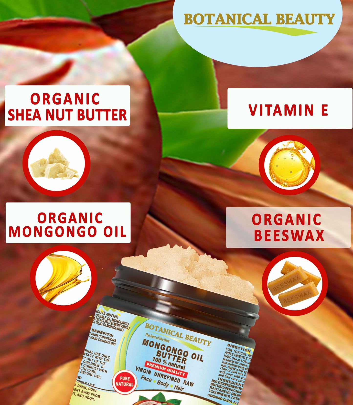 Botanical Beauty MONGONGO OIL BUTTER Manketti 100% Natural Pure Virgin Unrefined Raw for FACE, SKIN, BODY, HAIR, NAILS, DRY SKIN. Mongongo Oil, Shea
