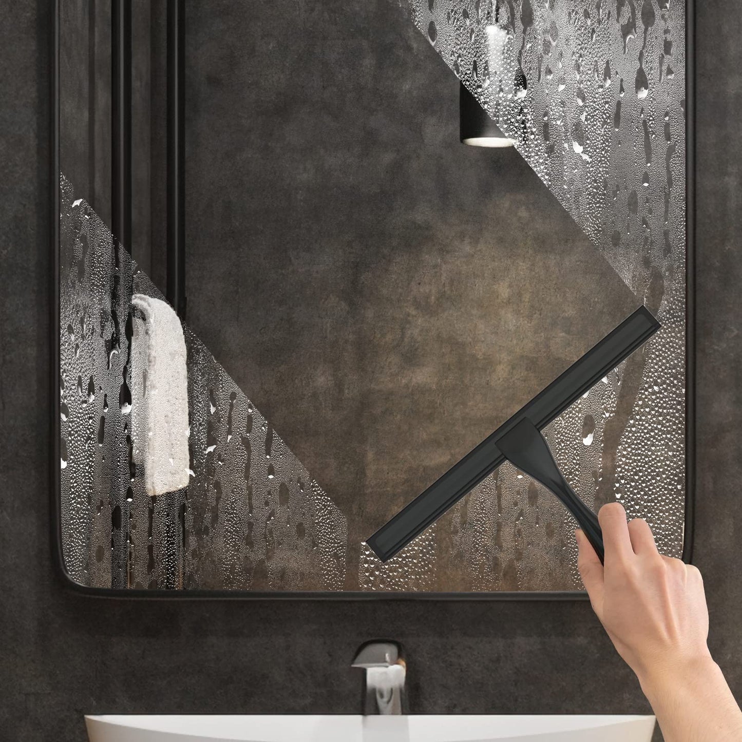 All-Purpose Stainless Steel Shower Squeegee – 10" Glass Door & Mirror Cleaner with Hook – Black, for Bathroom, Tile, Car