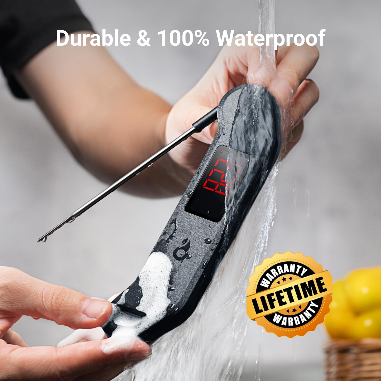 Professional Digital Meat Thermometer – 1-Second Instant Read, ±0.5°F Accuracy, Waterproof, LED Screen, NIST & NSF Certified, Black