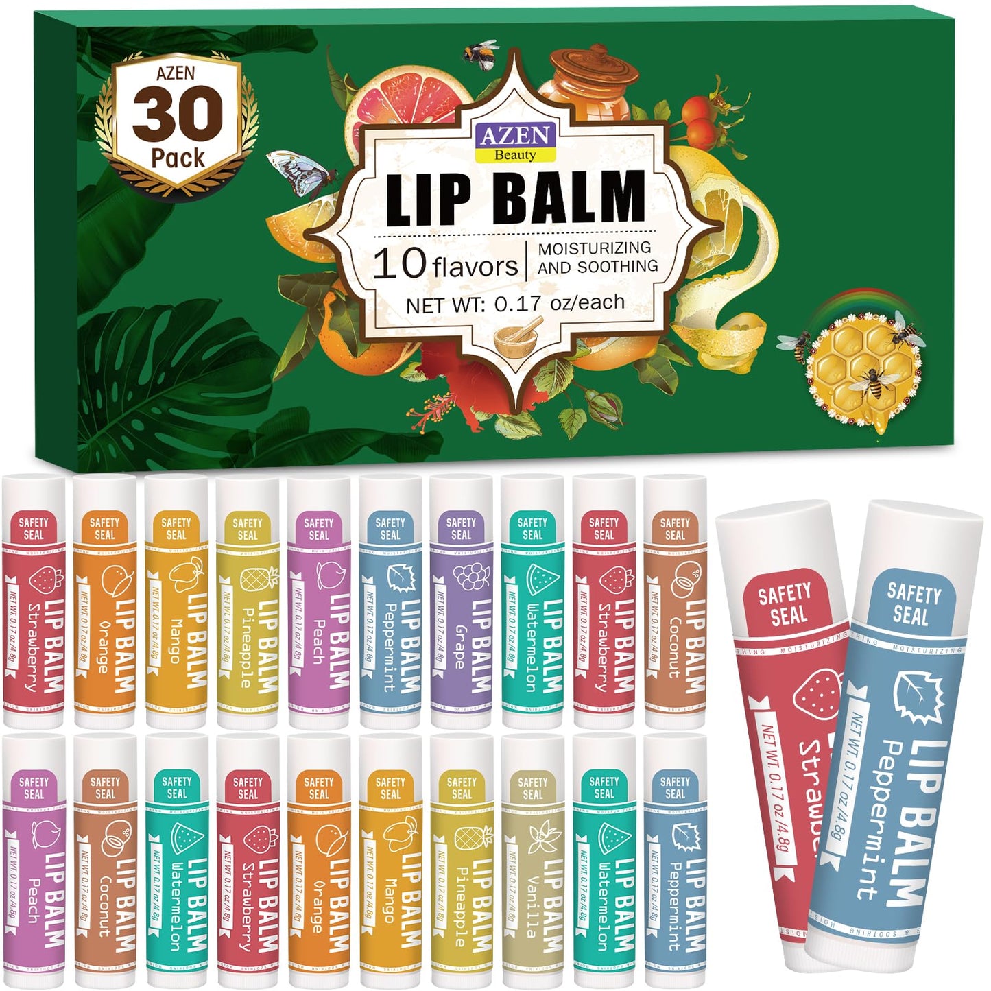 AZEN 30 Pack Lip Balm, Natural Lip Balm Bulk, Lip Care Product, Moisturizing Lip Balms for dry cracked lips - 10 Flavors Beauty and Personal Care AZEN