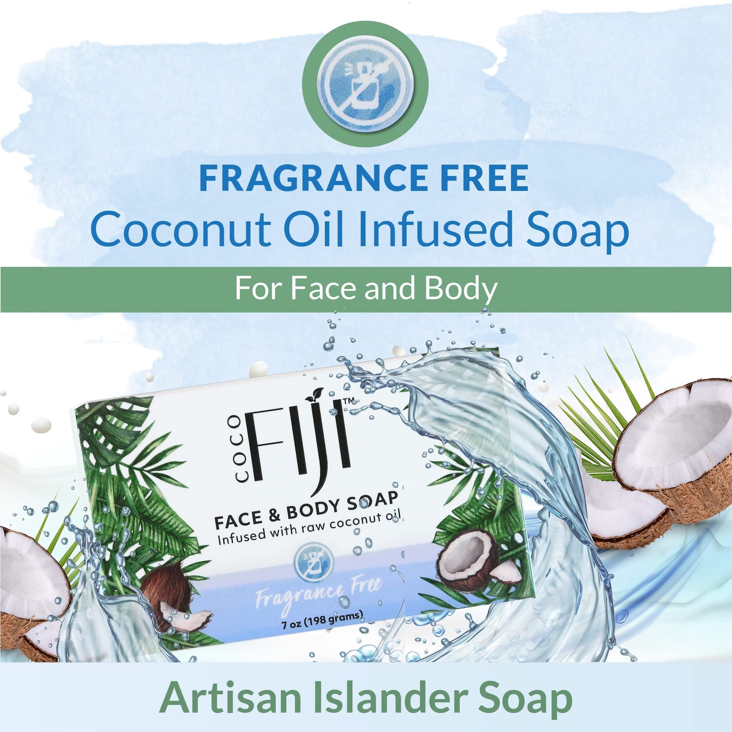 Coco Fiji Soap Bar for Face and Body Infused With Organic Coconut Oil, Fragrance Free, Essential Oil, Natural Soap for Moisturizing & Pore Purifying