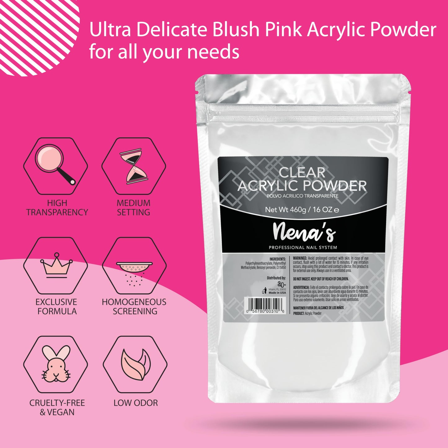Nena's 16oz Acrylic Liquid Monomer + 16oz Clear Acrylic Powder Made in USA (Clear Pink) Beauty & Personal Care Nena's