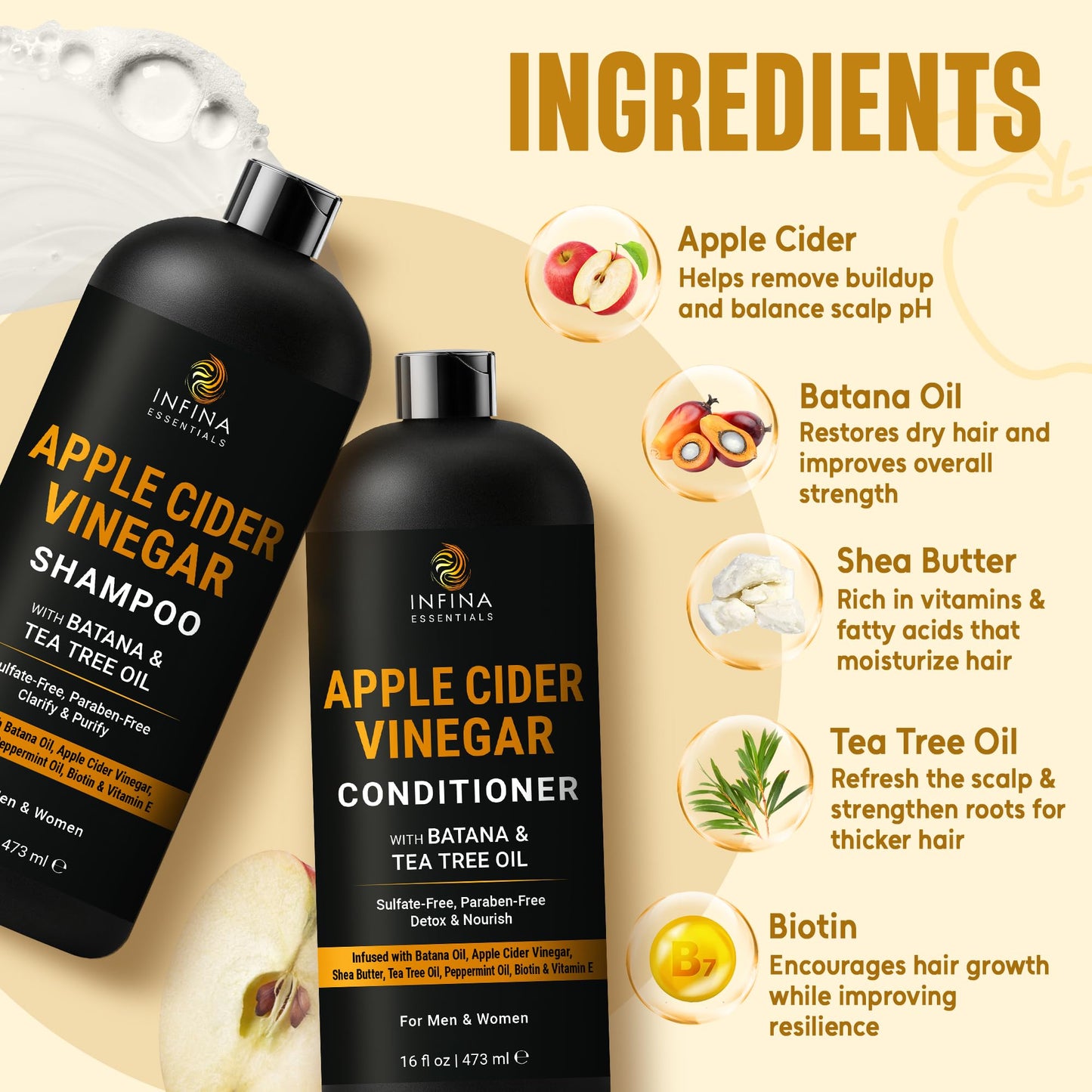 INFINA ESSENTIALS Apple Cider Vinegar Shampoo and Conditioner Set | Clarifying & Detoxifying for Oily Scalp | 16 fl oz Each | with Batana Oil, Biotin