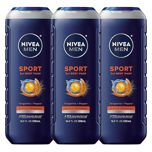 NIVEA MEN Sport Body Wash with Revitalizing Minerals, Tangerine and Pepper Scent, 3-in-1 Men's Body Wash, Face and Hair, Paraben Free, Vegan Formula