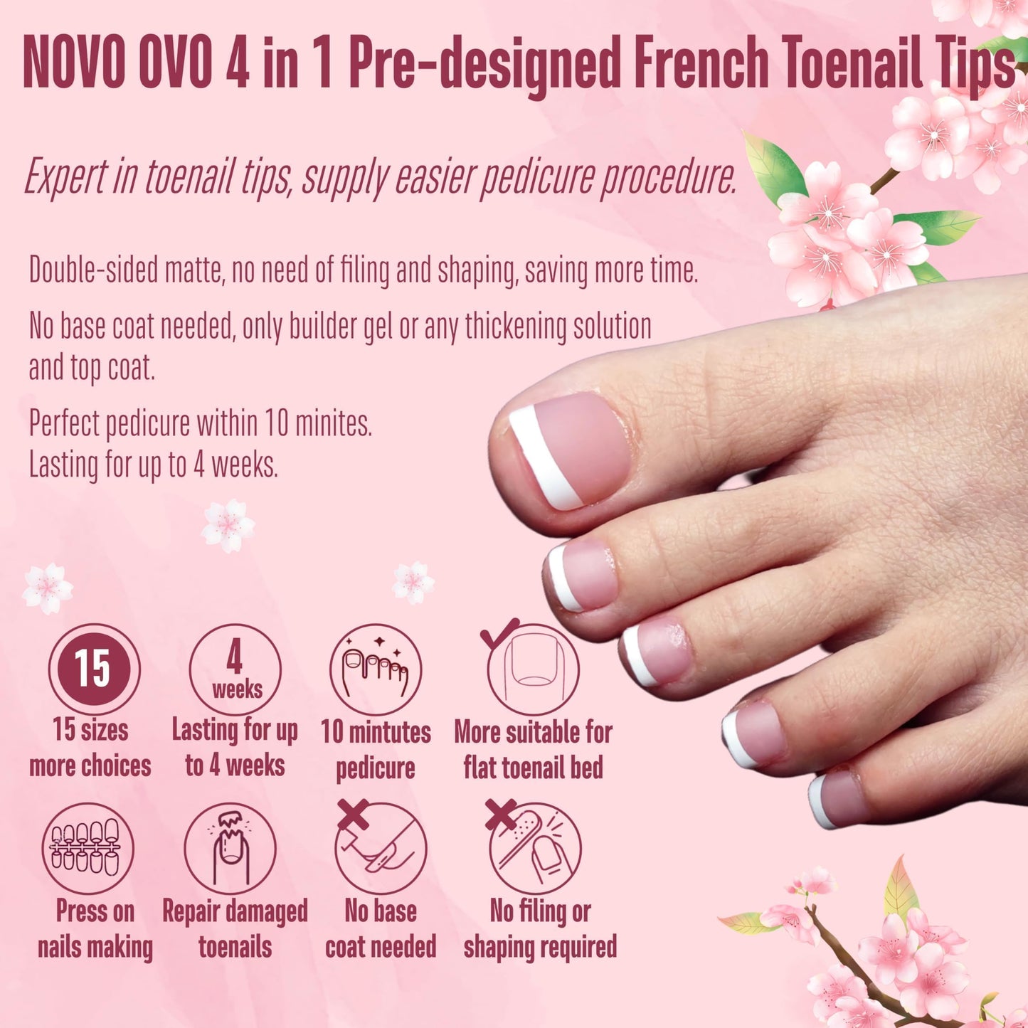 NOVO OVO Fake Toe Nail Tips Press on, French Tip Soft Gel Toenail Extension, BERRY PINK Square Round Pre-applied Tip Primer & Base Coat, Full Cover Beauty and Personal Care NOVO OVO