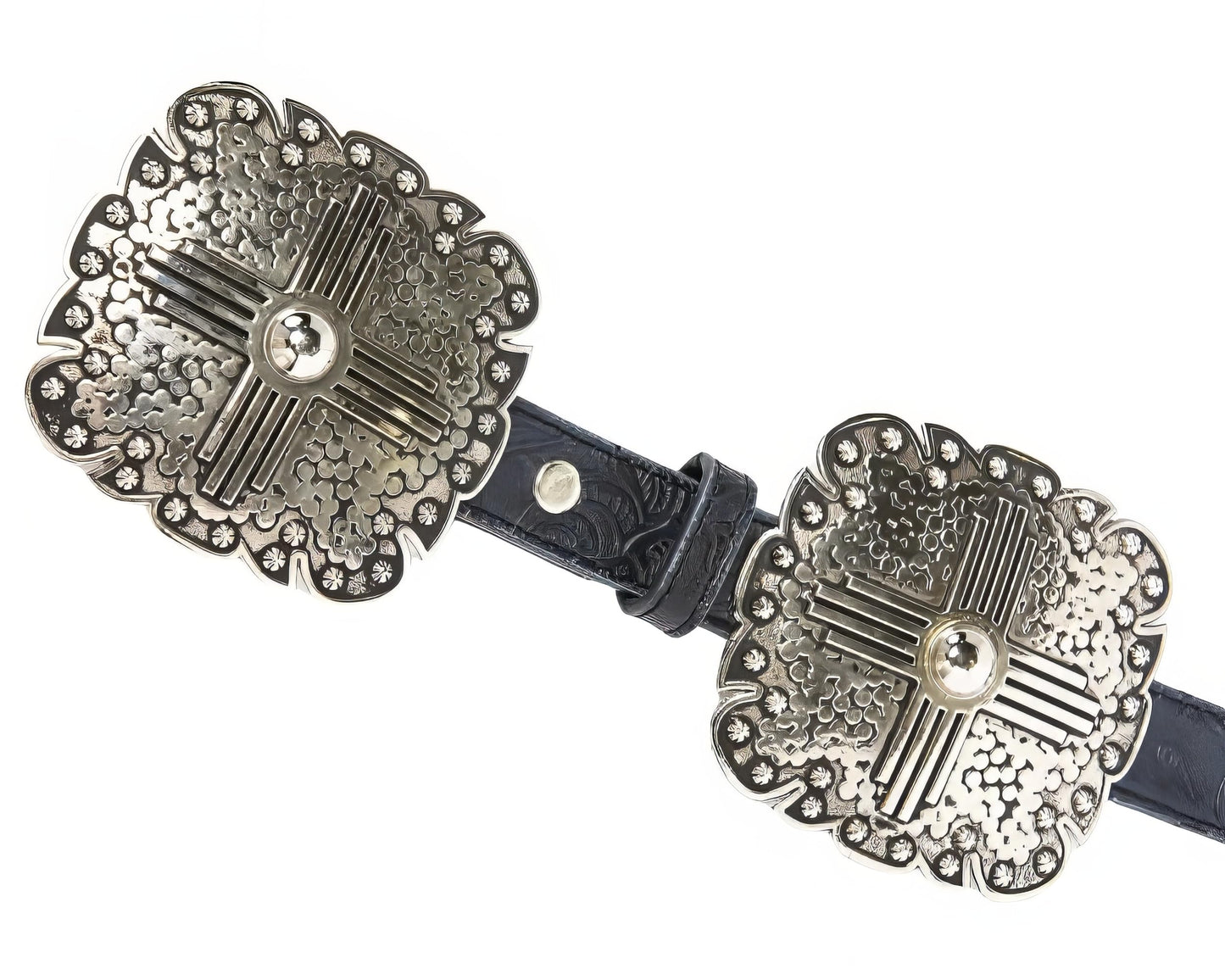 Angel Ranch Ladies Black Floral Embossed Leather Belt with Antique Silver Tone Square Conchos, Removable Buckle, Large