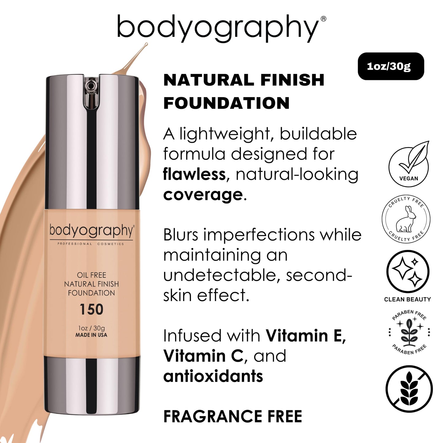 Bodyography Natural Finish Foundation (Dark/Warm #240) | Oil-Free, Anti-Aging Salon Foundation with Vitamin E & C | Photo-Ready, Skin-Perfecting