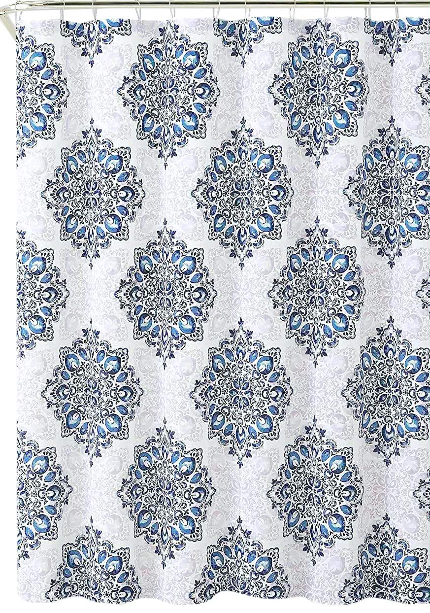 VCNY Home Navy Blue Shower Curtain: Tranquility Teal White Fabric Bohemian Floral Medallion Damask Design