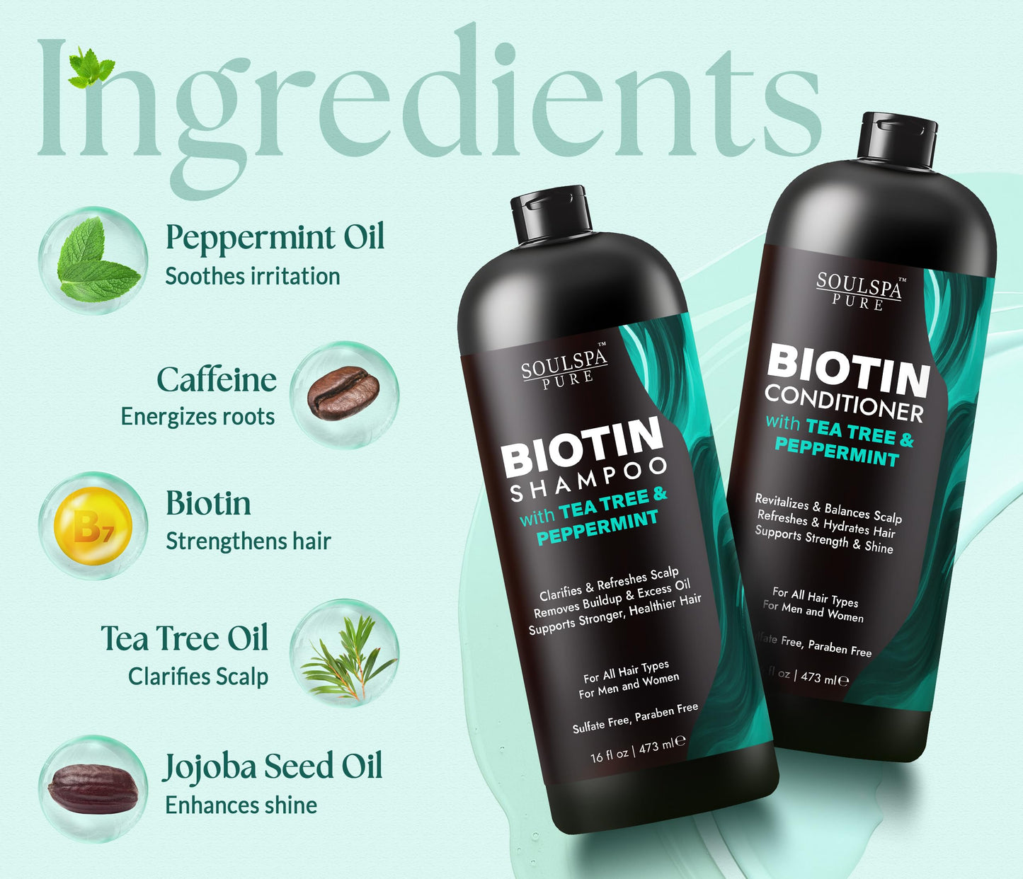 SOULSPA PURE Biotin Peppermint & Tea Tree Shampoo and Conditioner Set - Sulfate Free Scalp Care for Thinning & Color-Treated Hair - Clarifying Formula