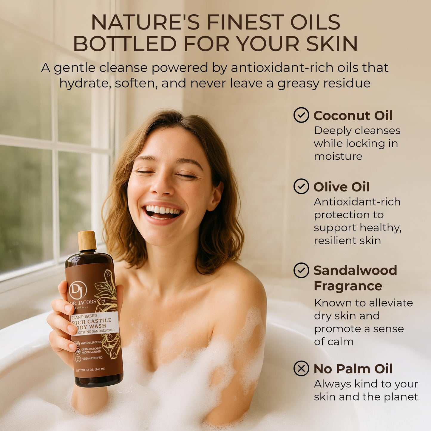 Dr. Jacobs Naturals Pure Castile Soap Liquid Body Wash, Sandalwood - Plant Based Soap Infused with Vitamin E and Aloe Vera to Moisturize Dry
