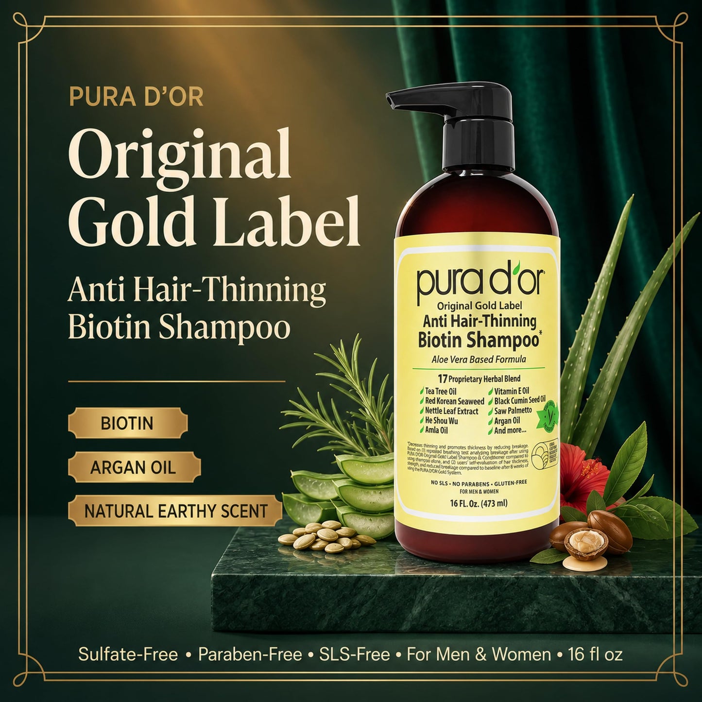 PURA D'OR Original Gold Label Anti-Thinning Shampoo - CLINICALLY TESTED - Biotin & Argan Oil - Sulfate-Free Strengthening & Volumizing Beauty and Personal Care PURA D'OR