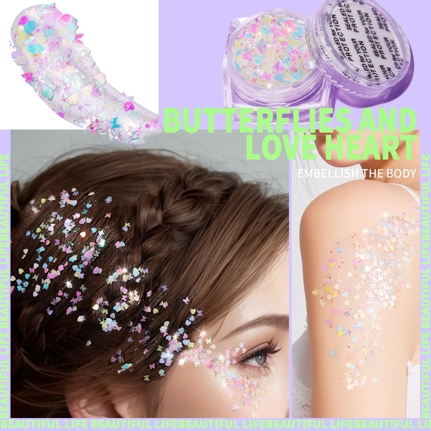 Teenitor Face Glitter Body Glitter, Clear White Body Glitter Gel, Hair Glitter Gel, 6 Shapes Rave Glitter, Mermaid Sequins Makeup Glitters Face Paint Beauty and Personal Care Teenitor