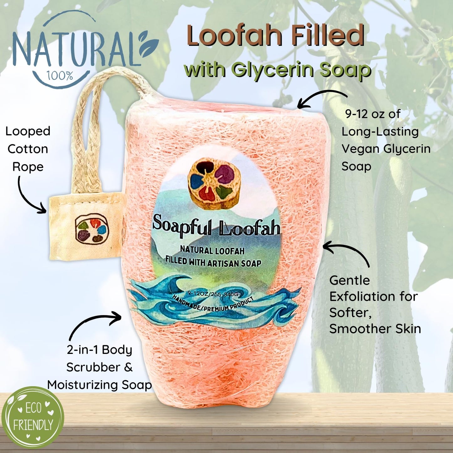Soap Bar Loofah| Natural Loofah Sponge | Loofah Exfoliating Body Scrubber | 9-12 0z of Plumeria Scented Artisanal Handmade Natural loofah soap in a