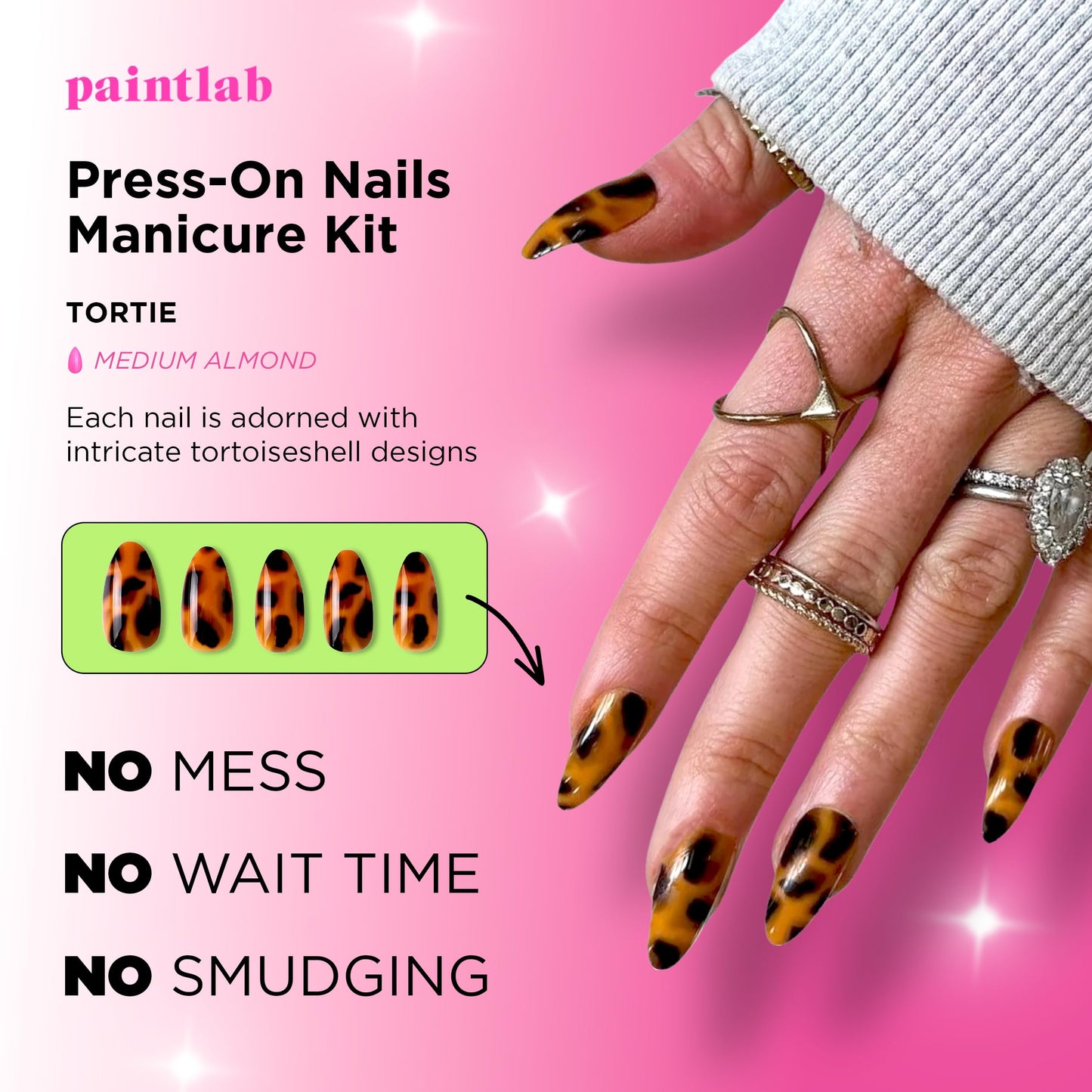 PaintLab Press-On Nails Manicure Kit, Tortie - Almond, 24-Piece Set, Long-Lasting Fake Nails with Glue, File, Prep Pad & Cuticle Stick