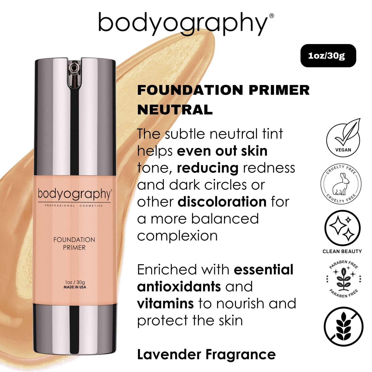 BODYOGRAPHY - Foundation Primer (Neutral): Flawless Anti-Aging Salon Makeup Primer w/Vitamin E, A, Jojoba, Grapeseed Oil | Control Shine |