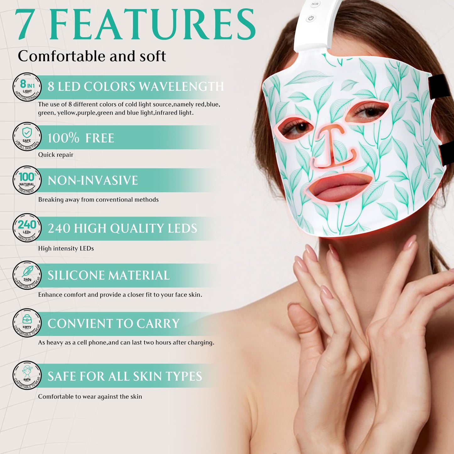 Red Light Therapy for Face, Led Contour Face Mask Light Therapy, 7+1 Color Near-infrared 850 Led Light Mask Portable and Rechargeable, Red Light