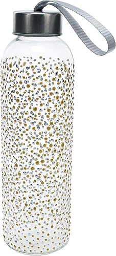 Pavilion Gift Company 16.5 Oz Hand Decorated Glass Water Bottle With Sealed Metal Twist Off Lid Silver & Gold Polka Dot, Gold