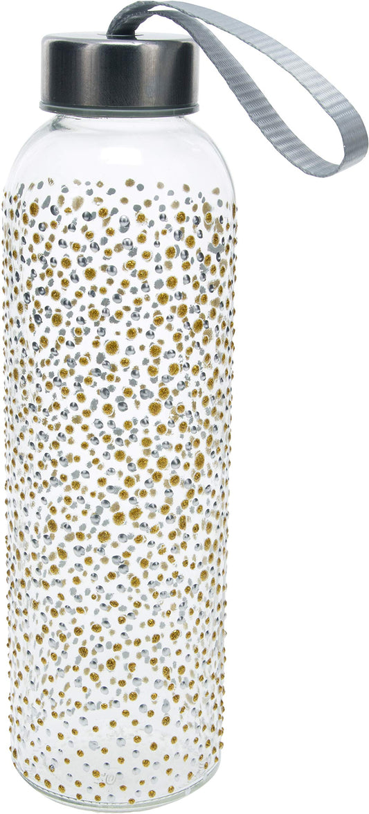 Pavilion Gift Company 16.5 Oz Hand Decorated Glass Water Bottle With Sealed Metal Twist Off Lid Silver & Gold Polka Dot, Gold