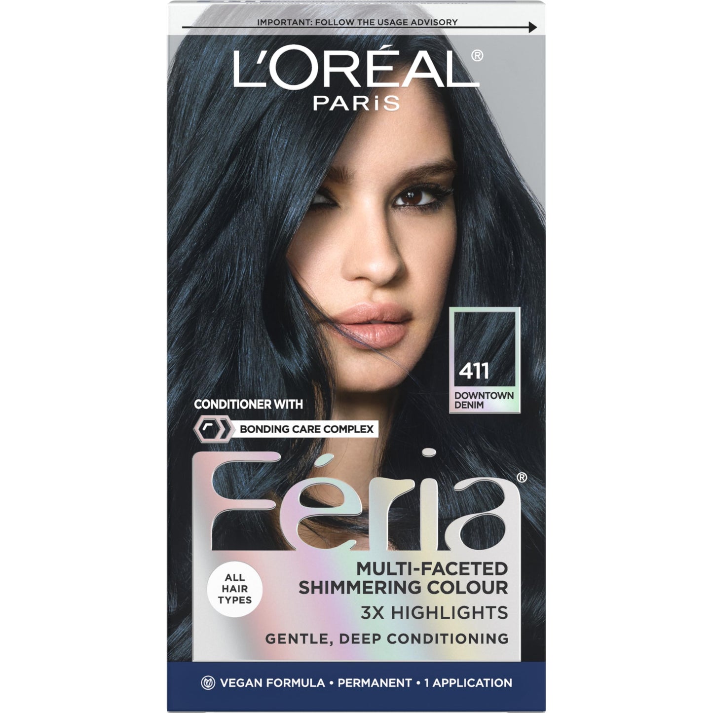 L'Oreal Paris Feria Multi-Faceted Shimmering Permanent Hair Color, 411 Downtown Denim, Pack of 1 Hair Dye Kit