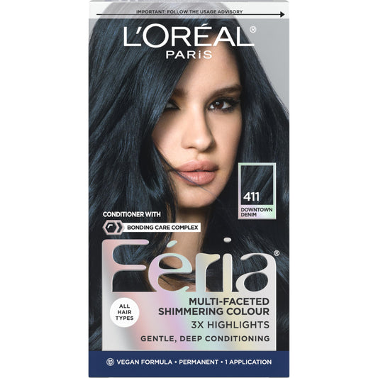 L'Oreal Paris Feria Multi-Faceted Shimmering Permanent Hair Color, 411 Downtown Denim, Pack of 1 Hair Dye Kit