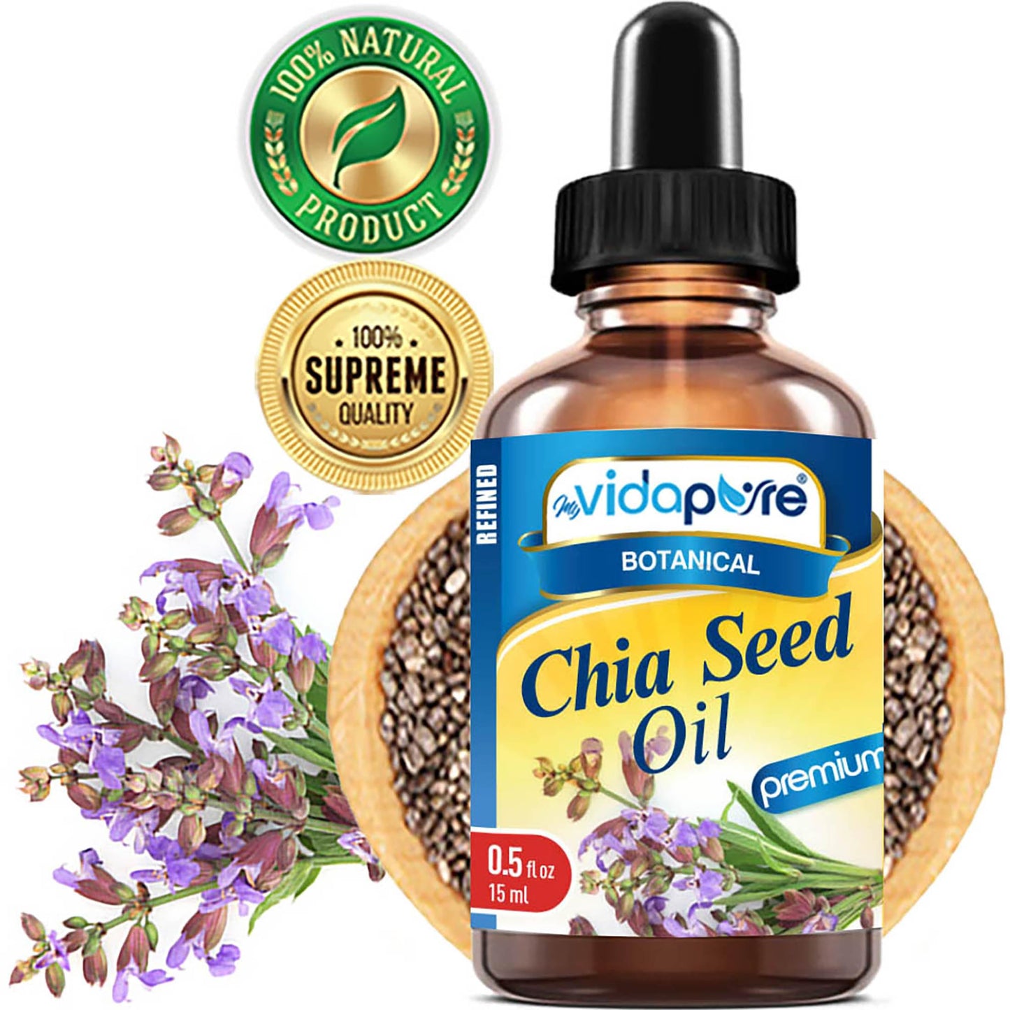 MYVIDAPURE CHIA SEED OIL Pure Natural Undiluted Refined Cold Pressed Carrier Oil for Skin, Face, Hair, Lip and Nail Care Anti-Aging (0.5 Fl Oz)