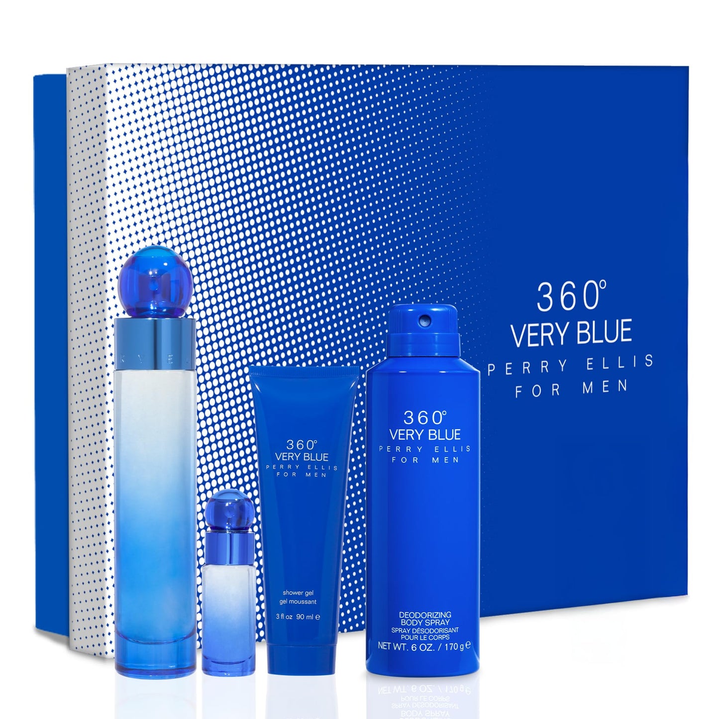 Perry Ellis 360° Very Blue Gift Set - 3.4 fl oz Eau de Toilette, 3 oz Shower Gel, 6 oz Body Spray, .25 fl oz EDT Mini Travel Spray - fresh, aquatic,