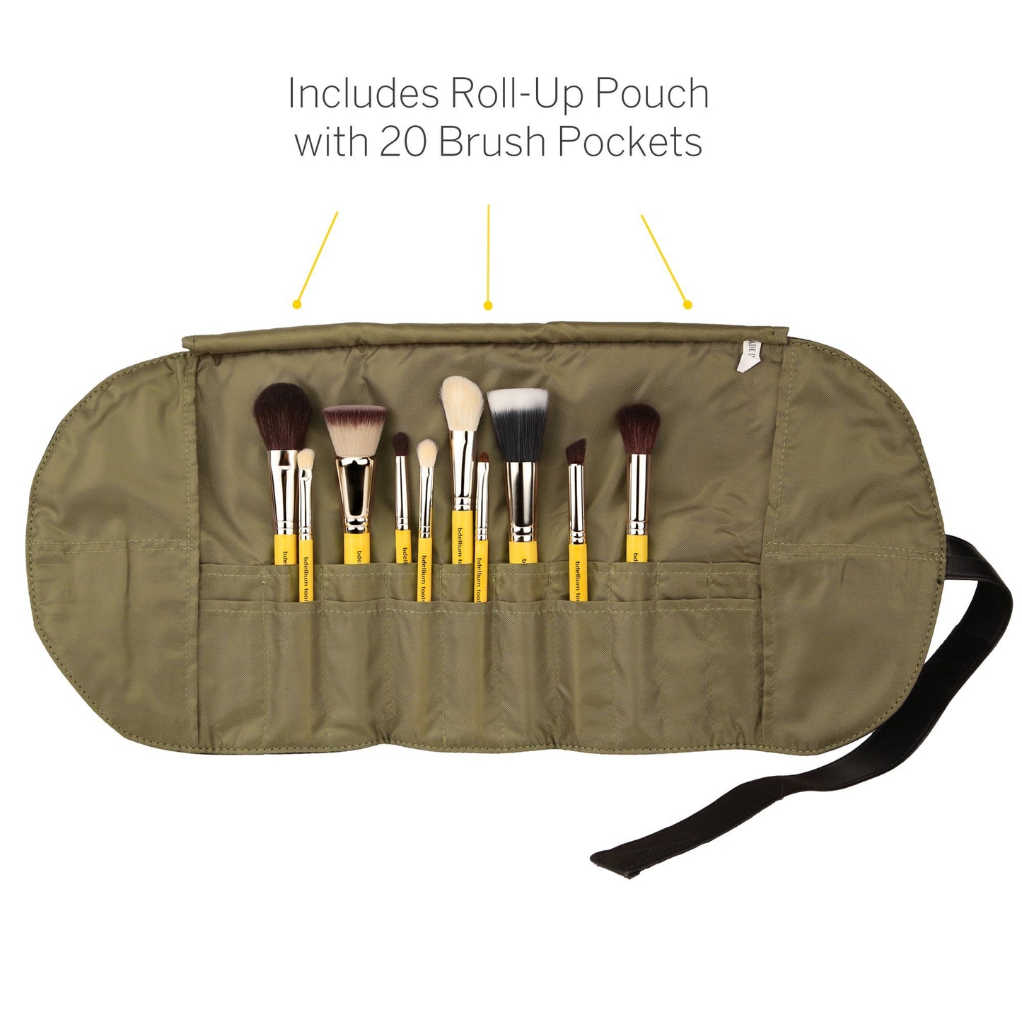 Bdellium Tools Studio Mineral 10pc. Brush Set with Roll-up Pouch - Designed for Use with Mineral Makeup (Yellow, 1pc)