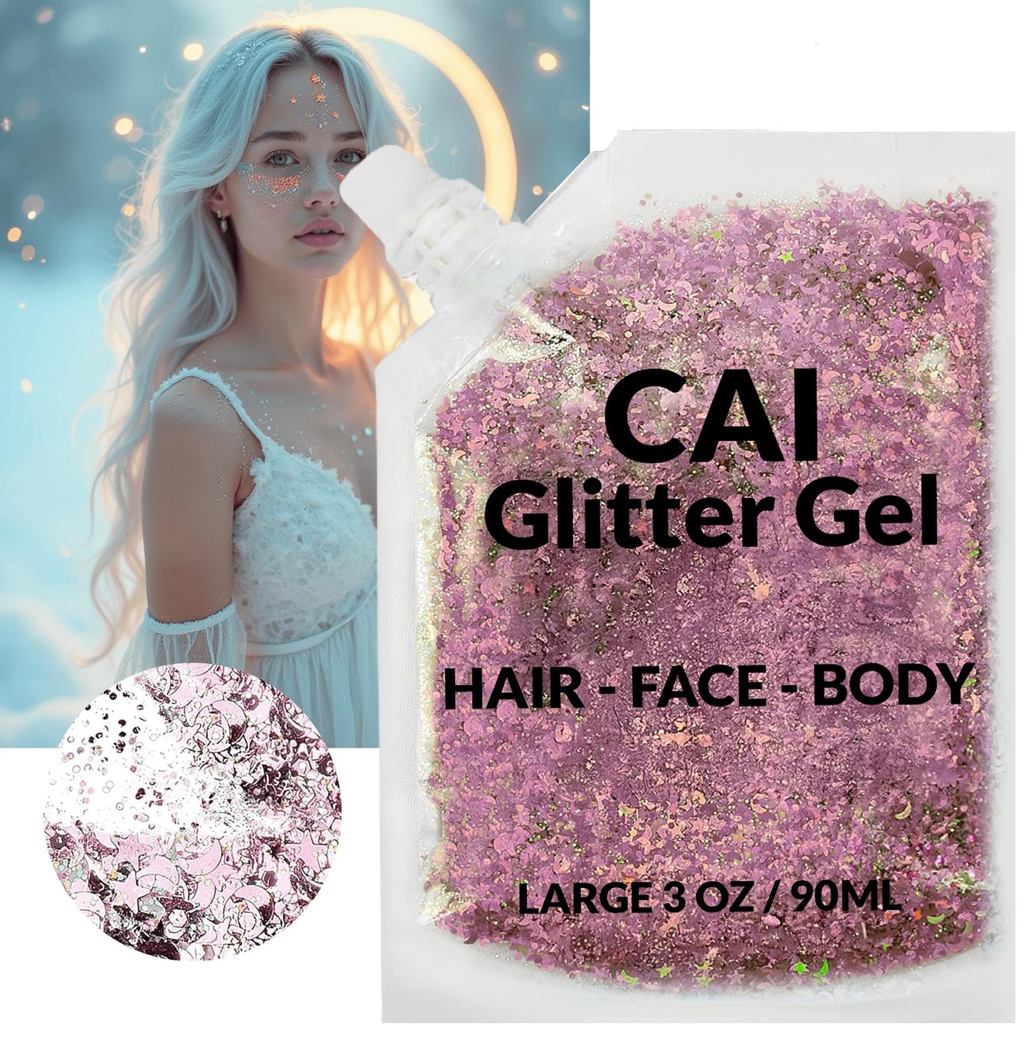 Face, Body & Hair Glitter Gel - (Rose Gold) Glitter for Kids and Women - 3 Oz Cosmetic-Grade Gel w/Moon & Stars for Festivals & Halloween Party, Easy