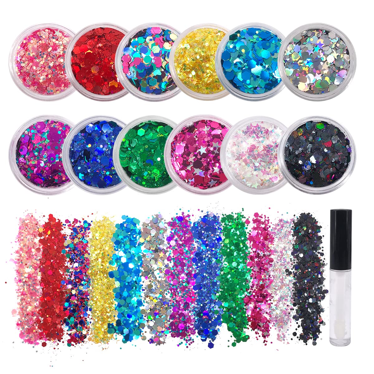 12 Pack - Multi-Colored Face & Body Glitter - Glue Included - Rainbow Chunky Glitter - Uses Include: Festival Rave Makeup Face Body Nails Resin Arts