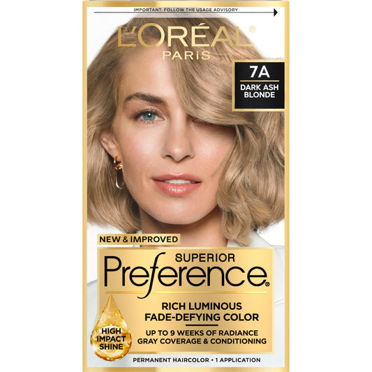 L'Oreal Paris Superior Preference Luminous Fade-Defying Permanent Hair Color, Hair Dye For Up to 9 Weeks of Radiance, Dark Ash Blonde 7A, 1 Hair Dye