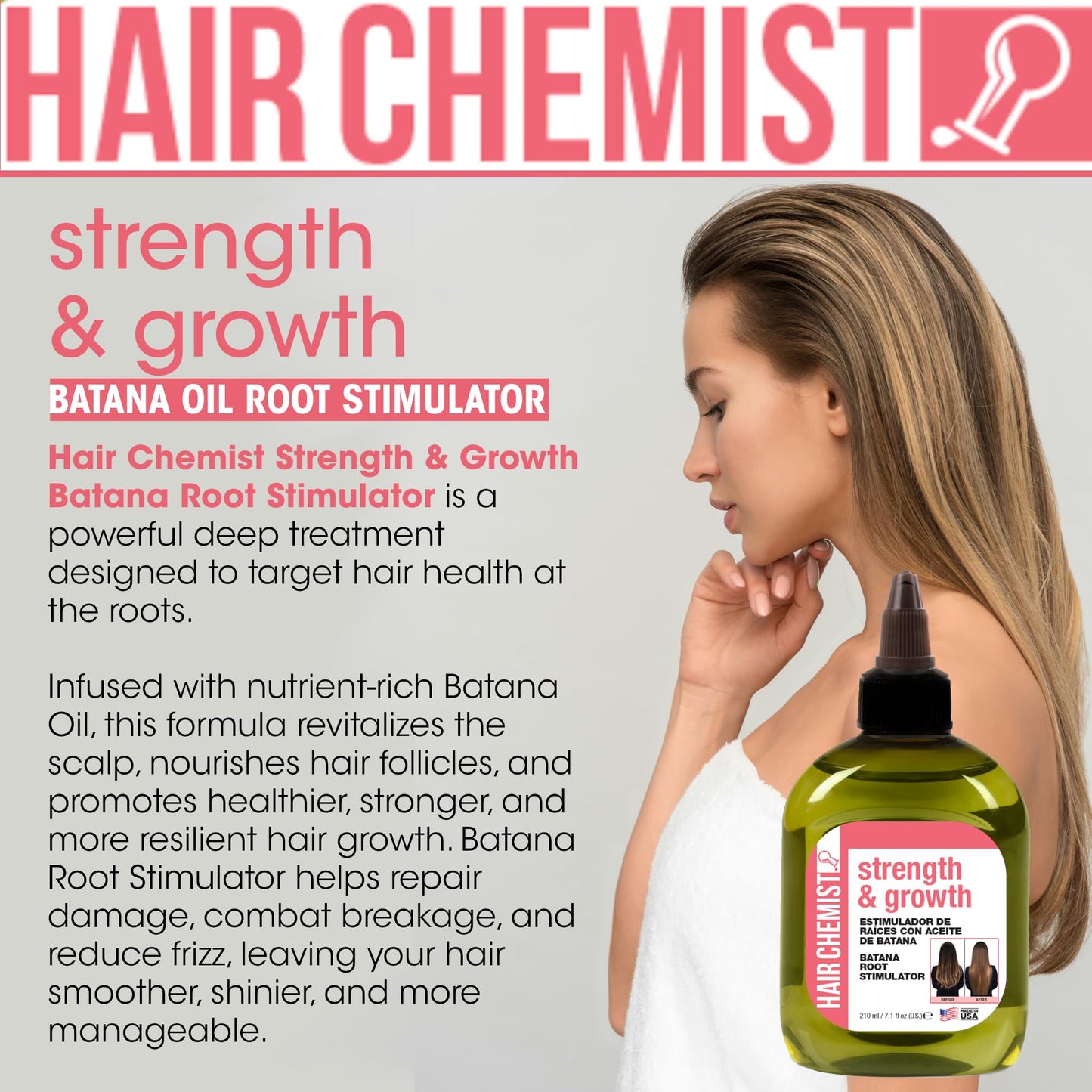 Hair Chemist Strength & Growth Batana Root Stimulator 7.1 oz. - Batana Oil Hair Treatment, Revitalize & Nourish Hair
