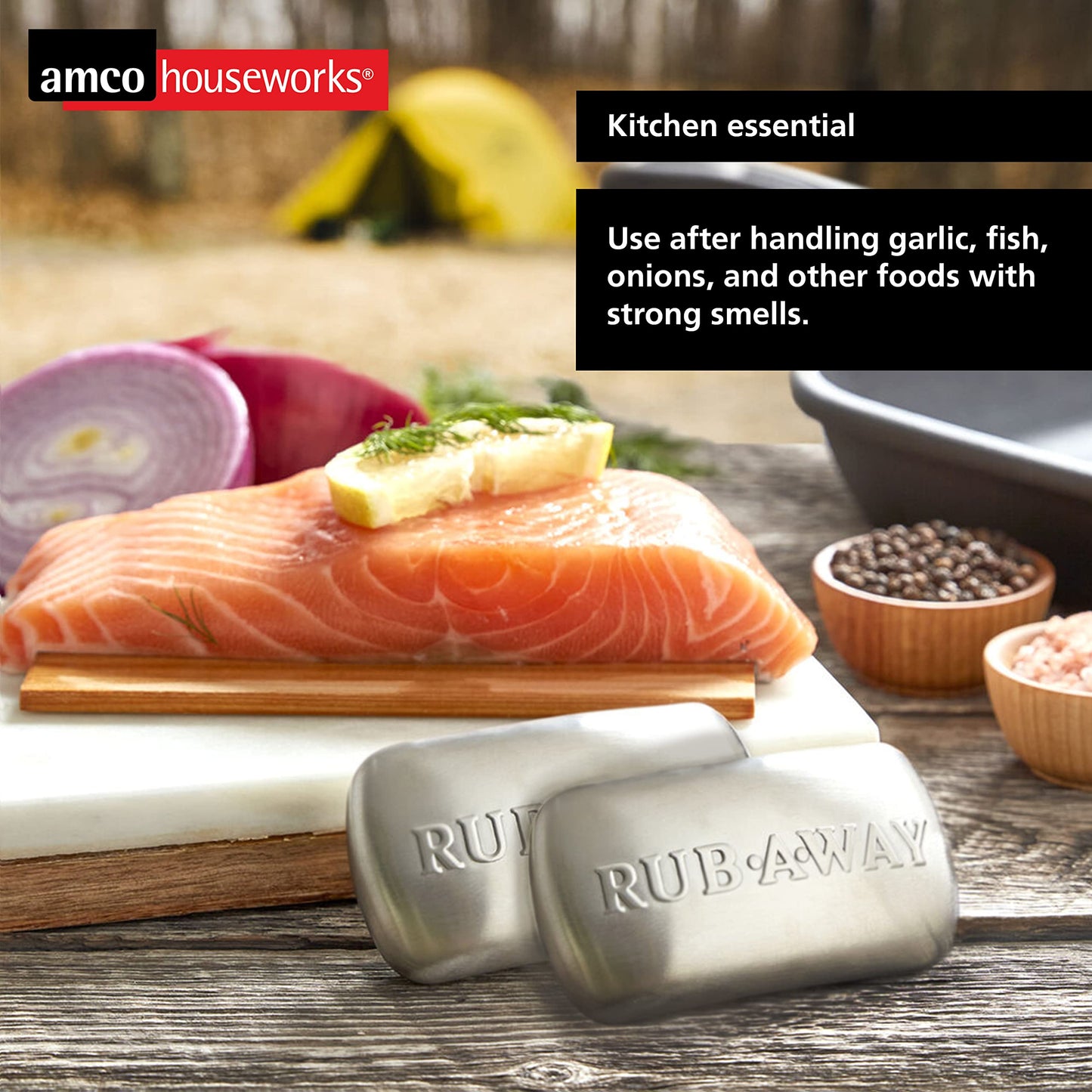 Amco Rub Away Bar, Stainless Steel Odor Absorber (4" x 2.25") - Dishwasher Safe Kitchen & Outdoor Essential for Garlic, Onion, Fishing, Hiking Odors