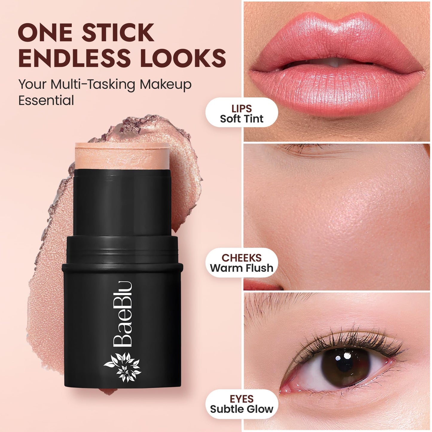 BaeBlu - Organic Blush Tube, Moscato - 100% Natural Vegan Cream Blush Sticks, Multi-Use Bronzer, & Highlighter for Lips, Cheeks & Eyes, Buildable