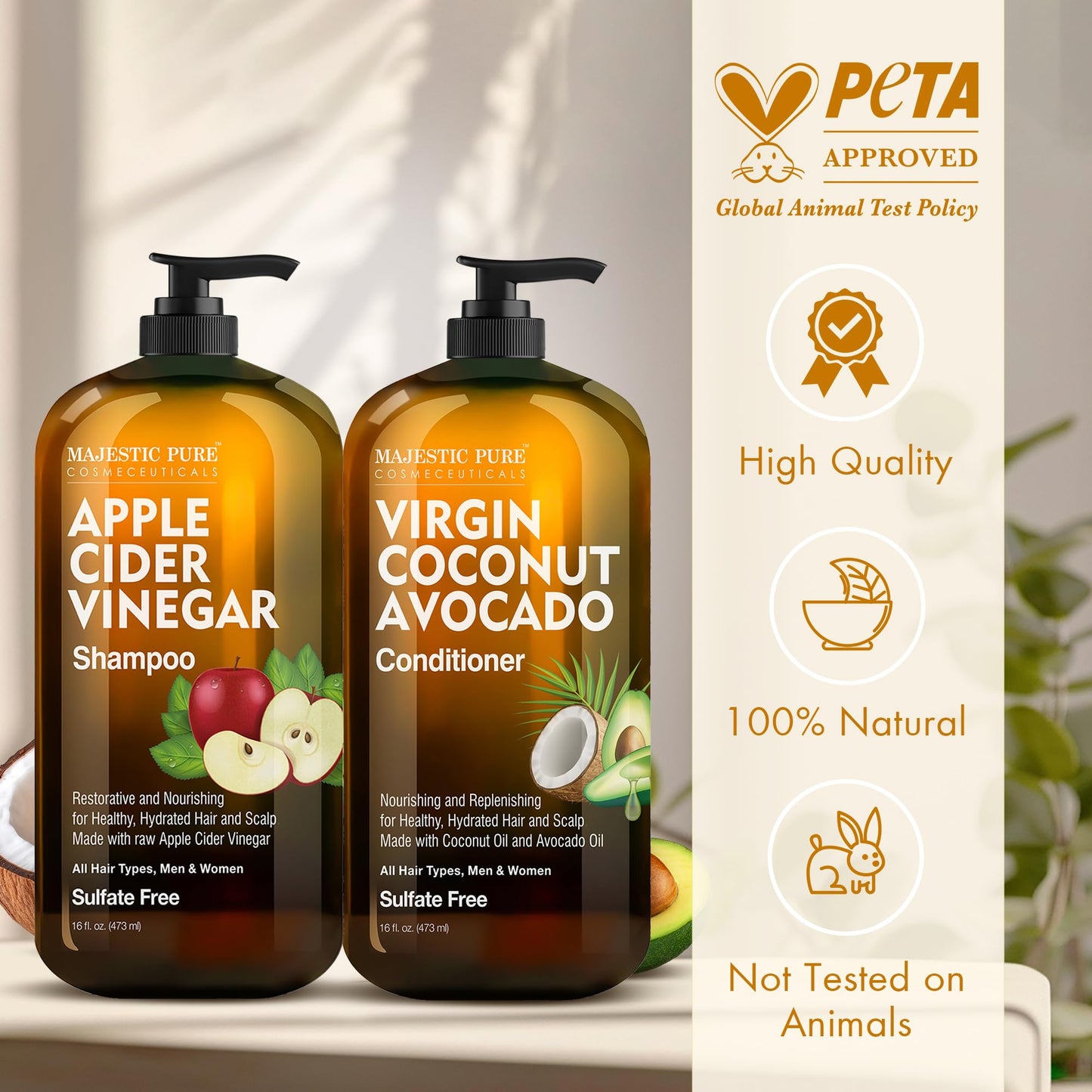 MAJESTIC PURE Apple Cider Vinegar Shampoo and Avocado Coconut Conditioner Set - Restores Shine & Reduces Itchy Scalp, Dandruff & Frizz - Sulfate Free