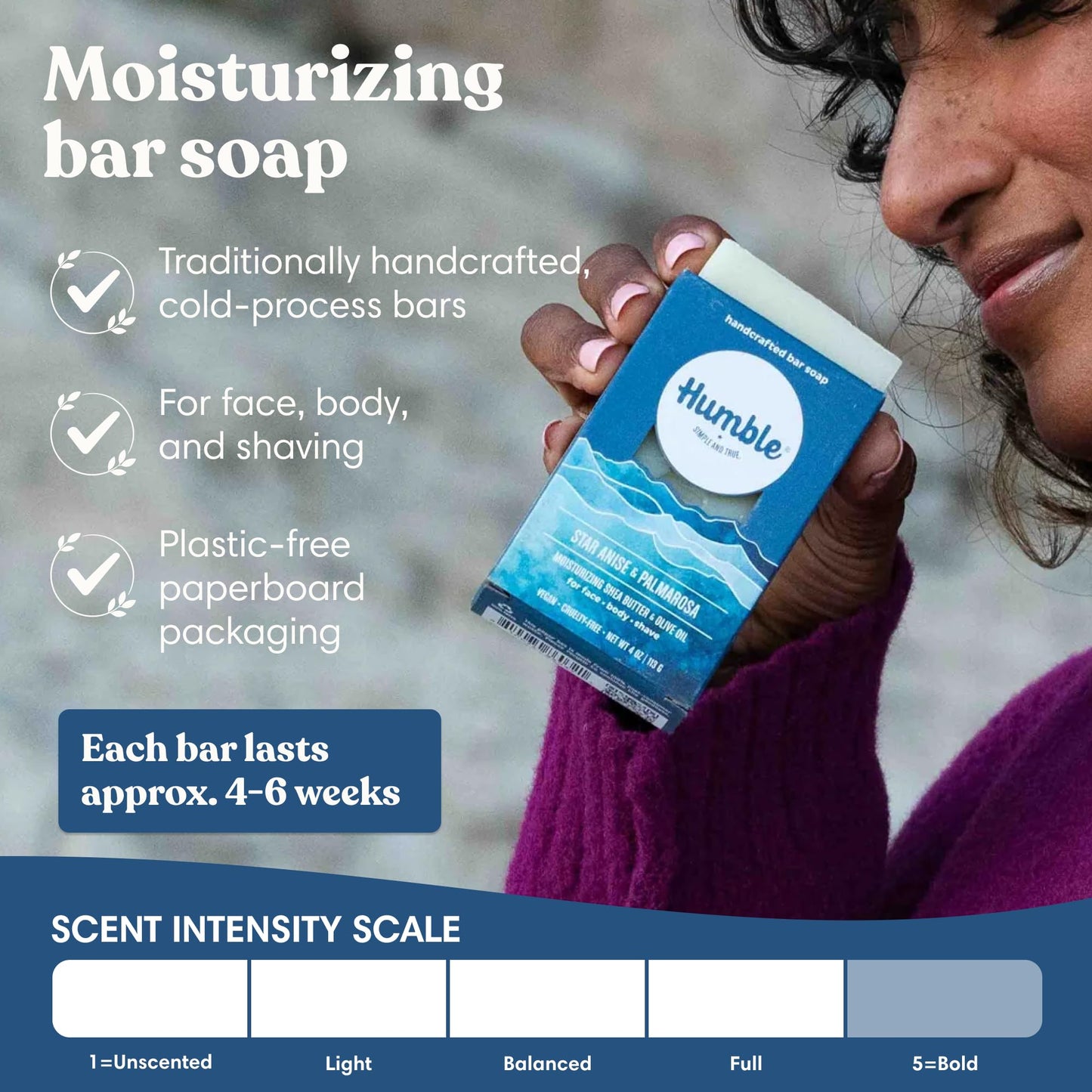 Humble Natural Bar Soap, Star Anise & Palmarosa - Cold Processed Face & Body Soap Bar with Essential Oils - Moisturizing Formula for Long-Lasting