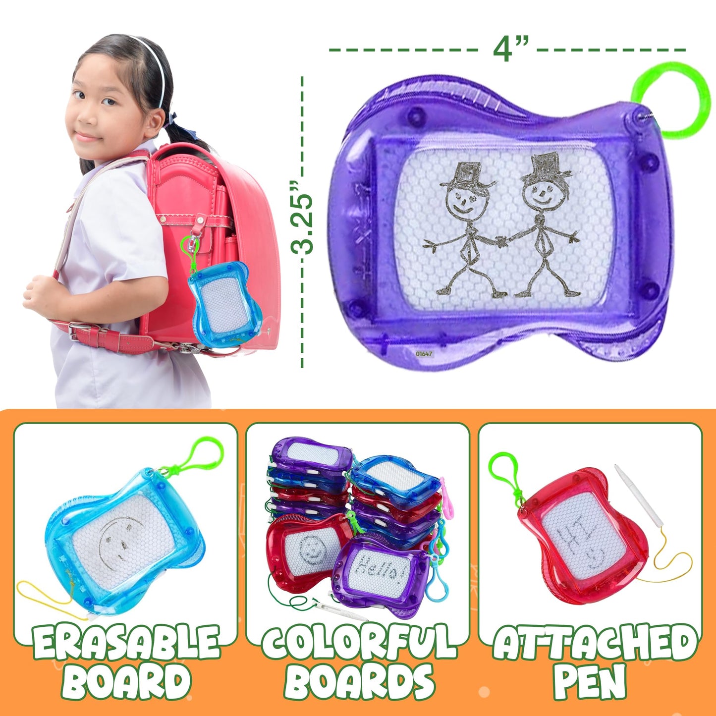 Bedwina Mini Magnetic Drawing Board for Kids - (Pack of 12) Backpack Keychain Clip Drawing Boards, Erasable Doodle Sketch Writing Pad Boys & Girls…