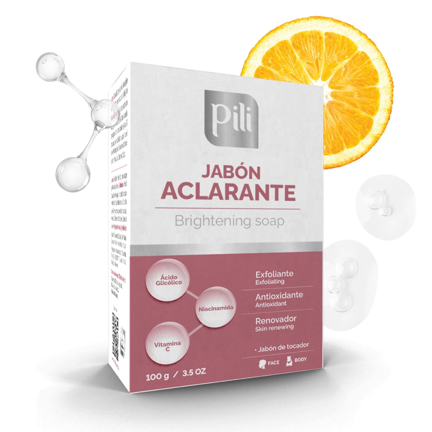Pili Brightening Soap Bar 2 Pack - Face & Body Exfoliating Soap with Glycolic Acid, Vitamin C & Niacinamide - Skin Brightening for Even Tone & Glowing