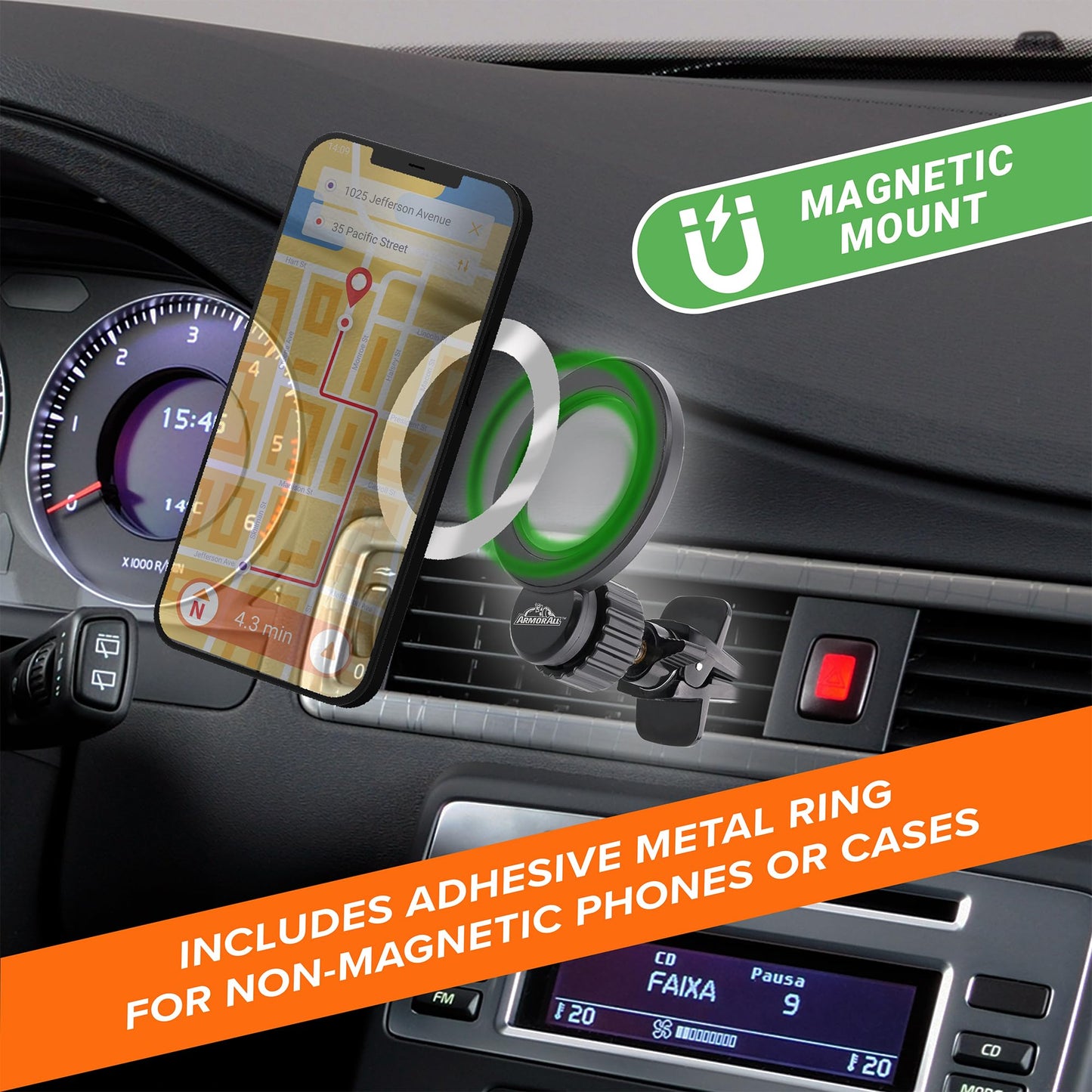 Armor All Magnetic Phone Mount for Car, Air Vent Phone Holder for MagSafe Phones, iPhones, Includes Universal Magnet Ring for Samsung, Non-Magnetic…