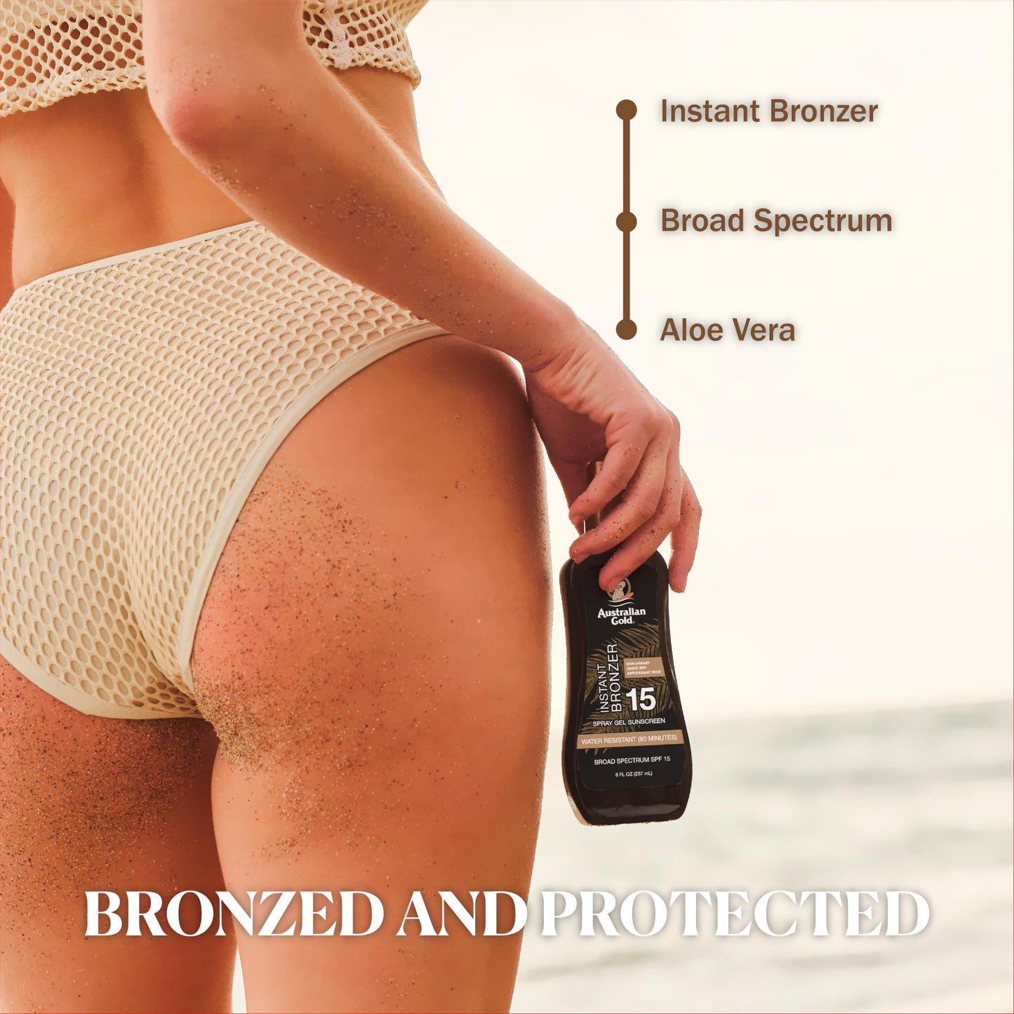 Australian Gold Spray Gel Sunscreen with Instant Bronzer SPF 15, 8 Ounce | Moisturize & Hydrate Skin | Broad Spectrum | Water Resistant | Non-Greasy