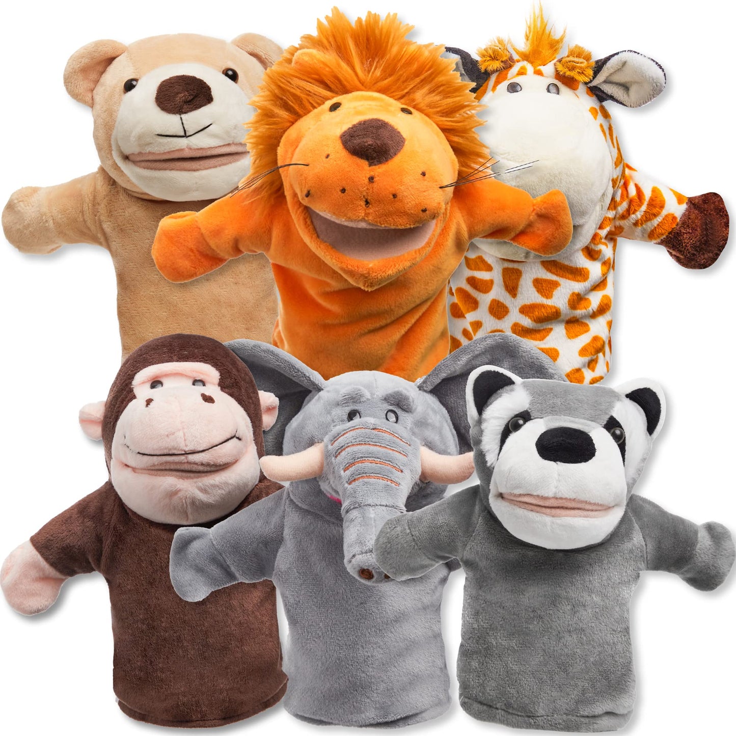 JOYIN 6Pcs Kids Hand Puppet Set with Working Mouth, Toddler Animal Plush Toy Includes Elephant, Giraffe, Lion, Bear, Raccoon and Monkey for Show…